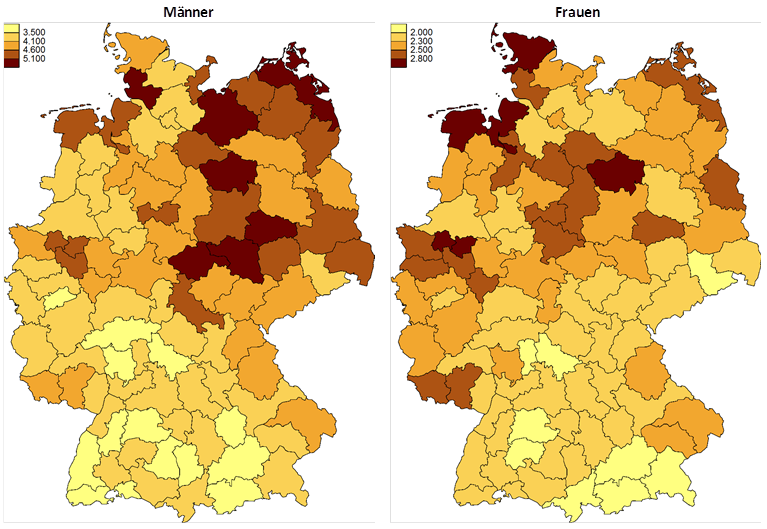 Regionale Verteilung der PYLL-Rate nach Raumordnungsregionen, 2014/2016